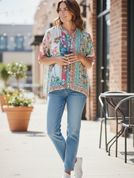 Johnny Was Tops - JOHNNY WAS Silk Women Floral Patchwork Blouse M